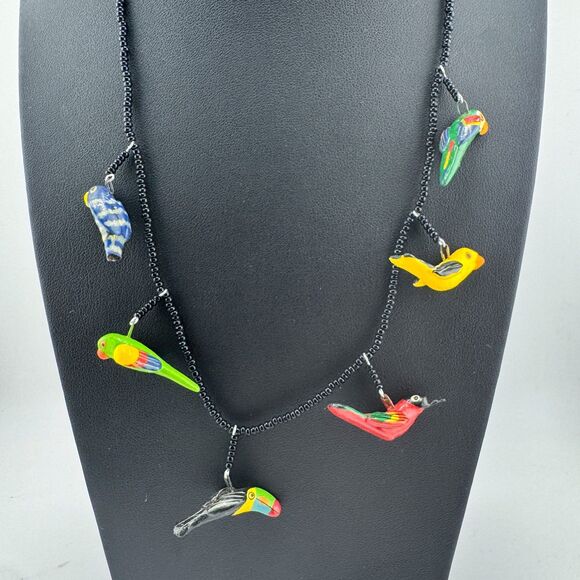 Vintage UPAVIM Guatemala Ceramic Bird Necklace Hand Painted Folk Art Fair Trade - Picture 6 of 11